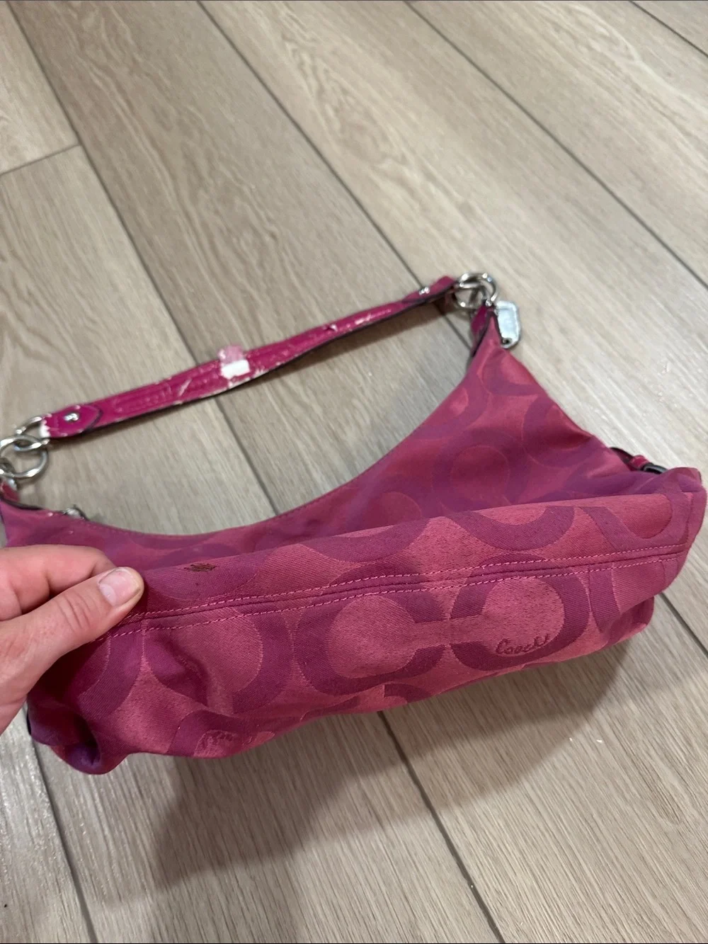 COACH Y2K Distressed Madison Signature Optic Pink Satin Shoulder Hand Bag